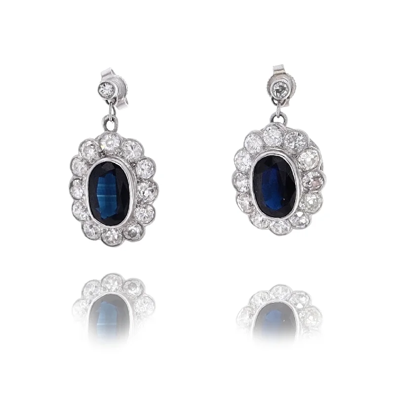 Estate Platinum Sapphire and Diamond Dangle Earrings