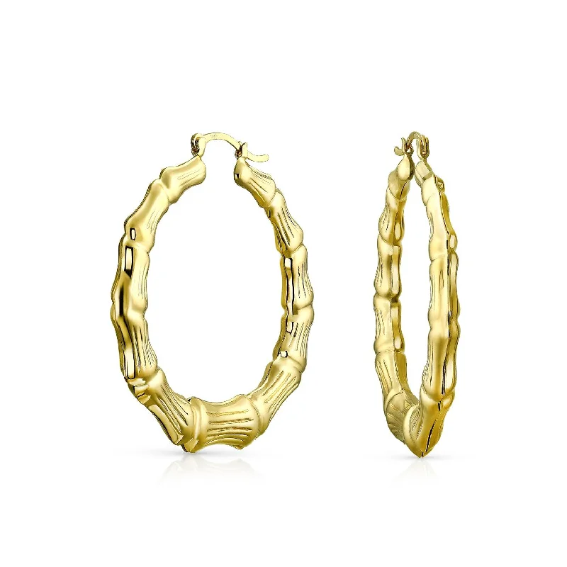 Fashion Statement Hoop Huggie Earrings 18K Gold Plated Bamboo 1-2 Inch Diameter