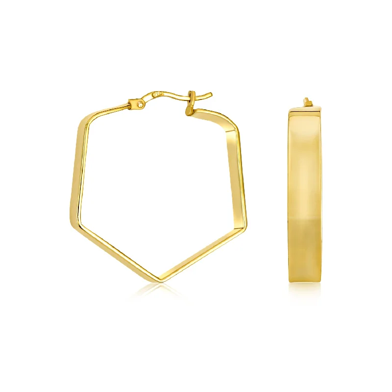 Geometric Flat Hexagon Hoop Huggie Earrings 14K Gold Plated Sterling Silver 1.25"