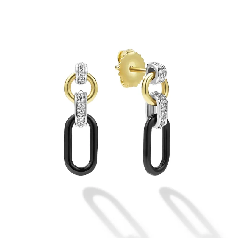 Lagos Signature Caviar Small 18k Gold & Black Ceramic Diamond Link Drop Earrings