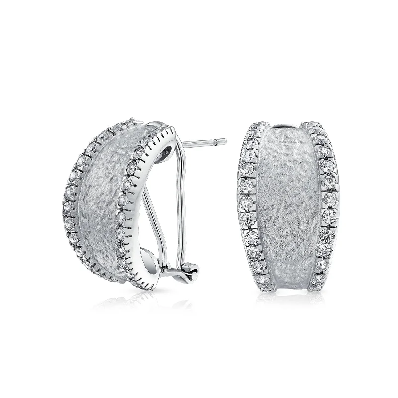 Matte Hammered Shrimp Half Hoop Earrings Pave Edge CZ Silver Plated