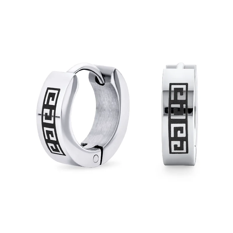 Mens Earrings Biker Jewelry Greek Key Pattern Hoop Huggie Stainless Steel