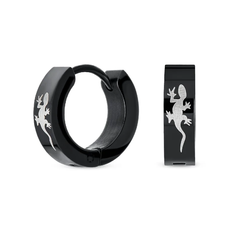 Mens Earrings Black Stainless Steel Gecko Hoop Huggie for Biker Jewelry Fans