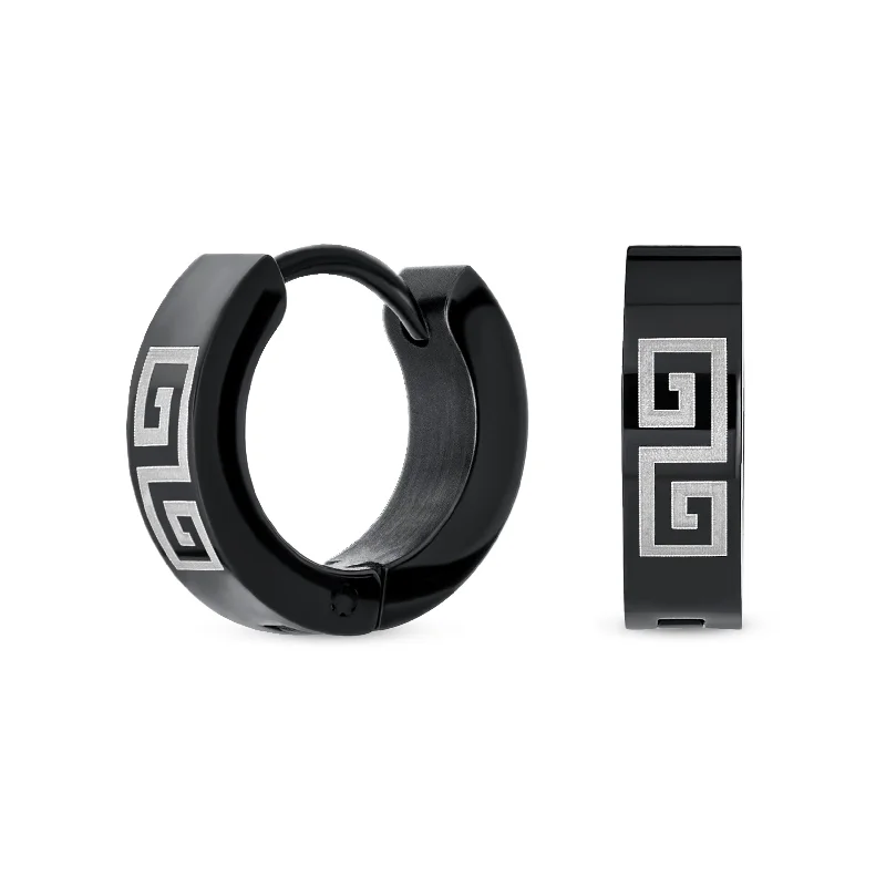 Mens Earrings Black IP Stainless Steel Greek Key Pattern Hoop Huggie Jewelry