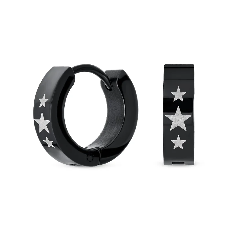 Mens Earrings Black IP Stainless Steel Biker Jewelry USA Stars Hoop Huggie