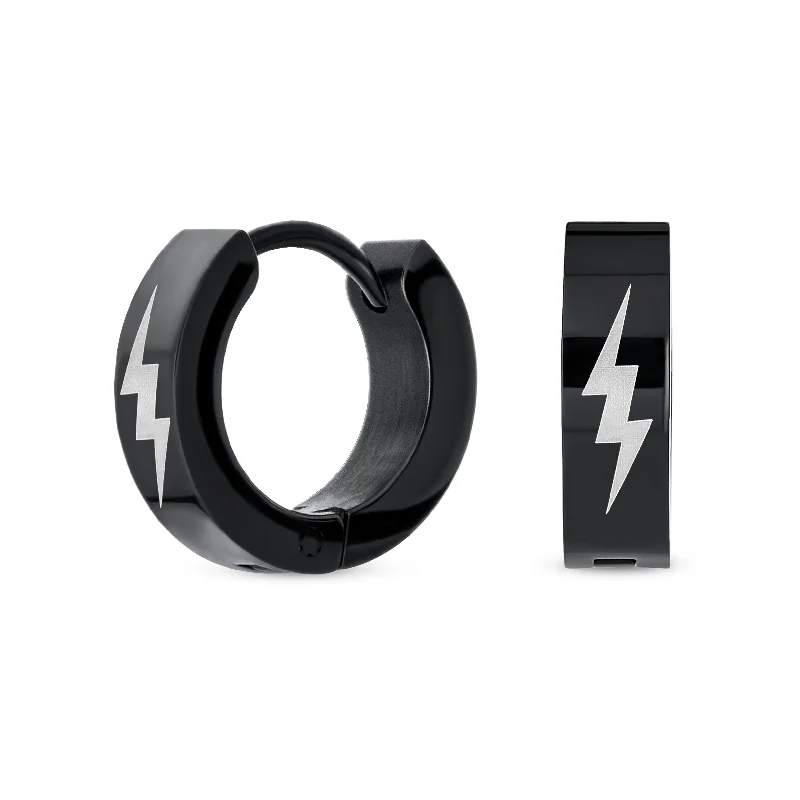 Mens Earrings Black Thunder Bolt Hoop Huggie Stainless Steel Biker Jewelry