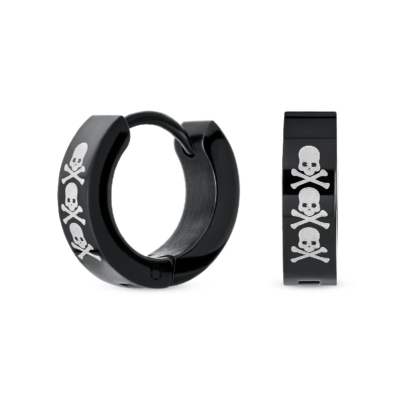 Mens Earrings Silver Tone Stainless Steel Skull Hoop Huggie for Biker Style