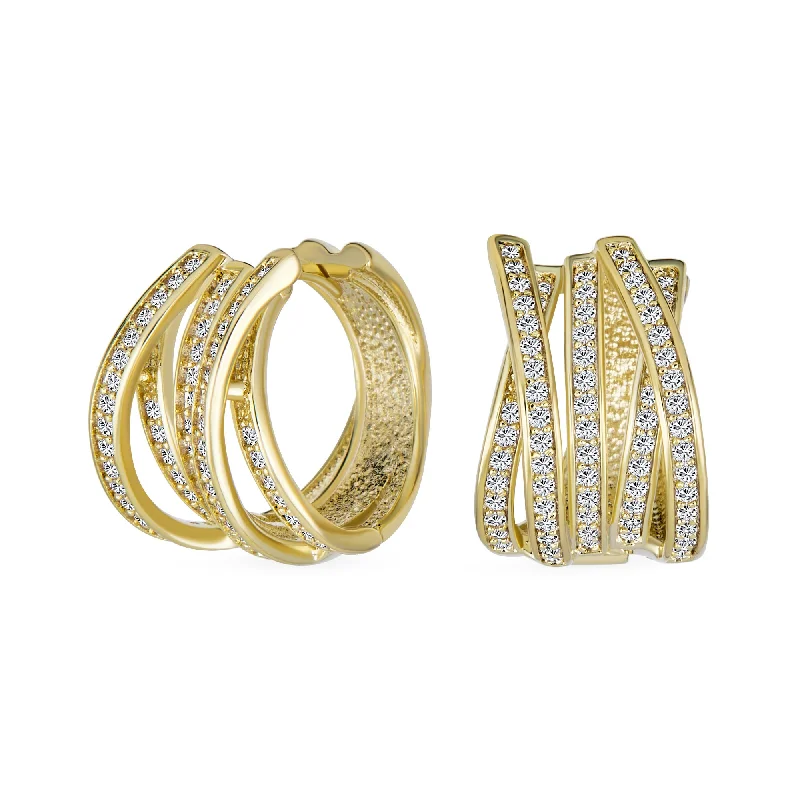 Modern Bridal CZ Hoop Earrings Wide Criss Cross 14K Gold Silver Plated Huggie