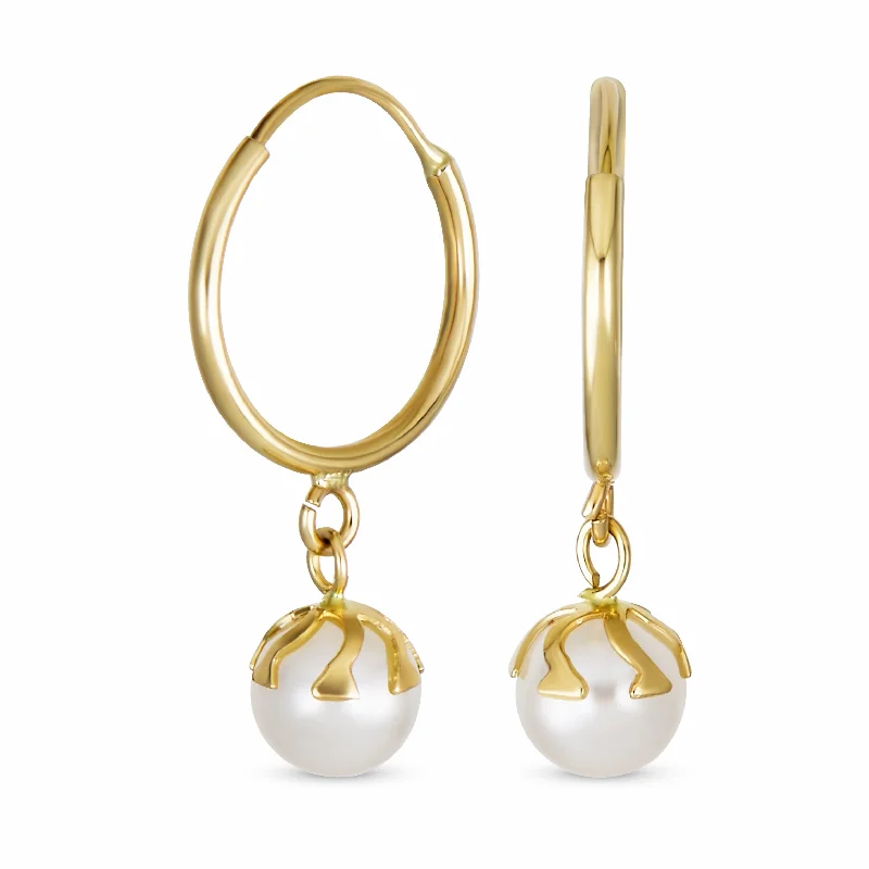 Petite 10K Gold Dangle Earrings with Freshwater Pearl - June Birthstone