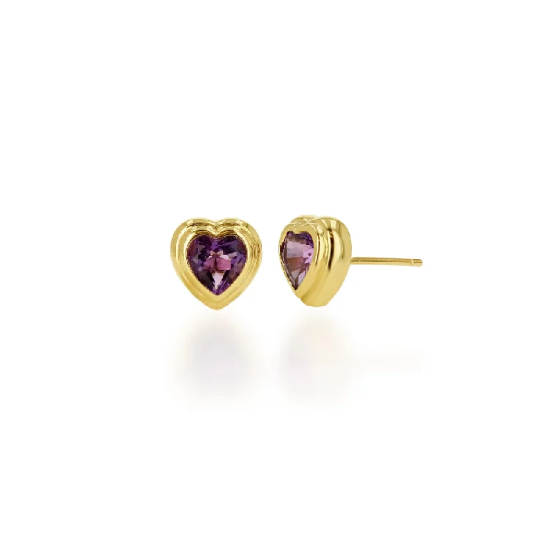 Rachel Reid 14k Double Bezel Amethyst Heart Stud Earrings