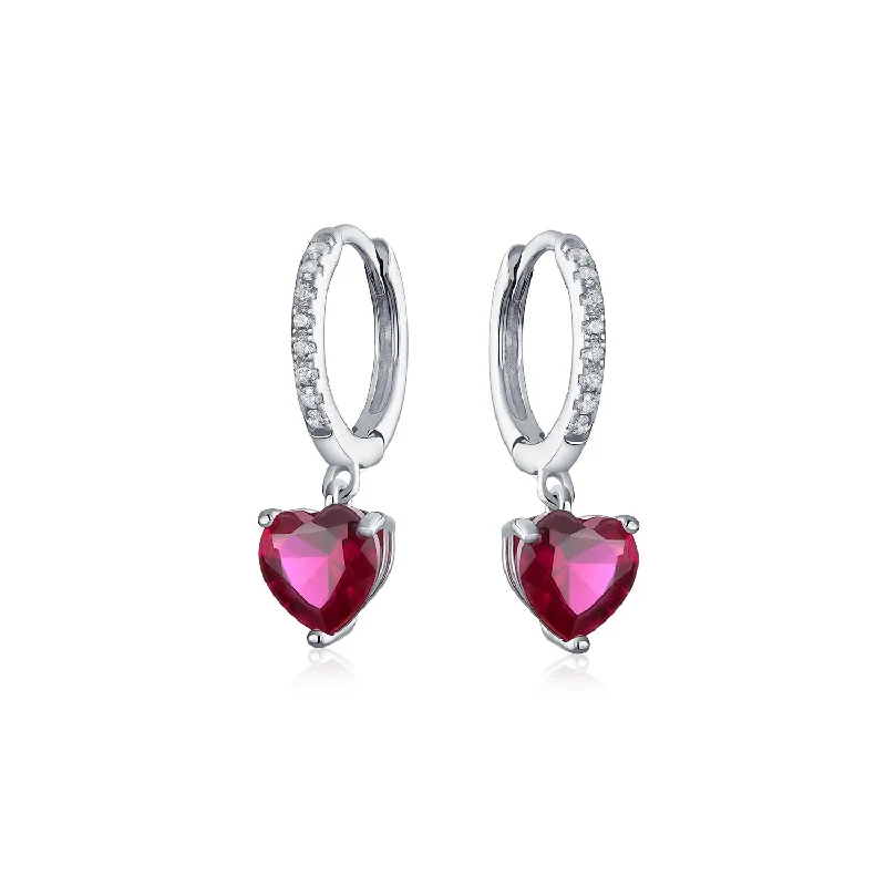 Romantic Fuchsia Pink CZ Ruby Heart Dangle Chandelier Earrings Sterling Silver