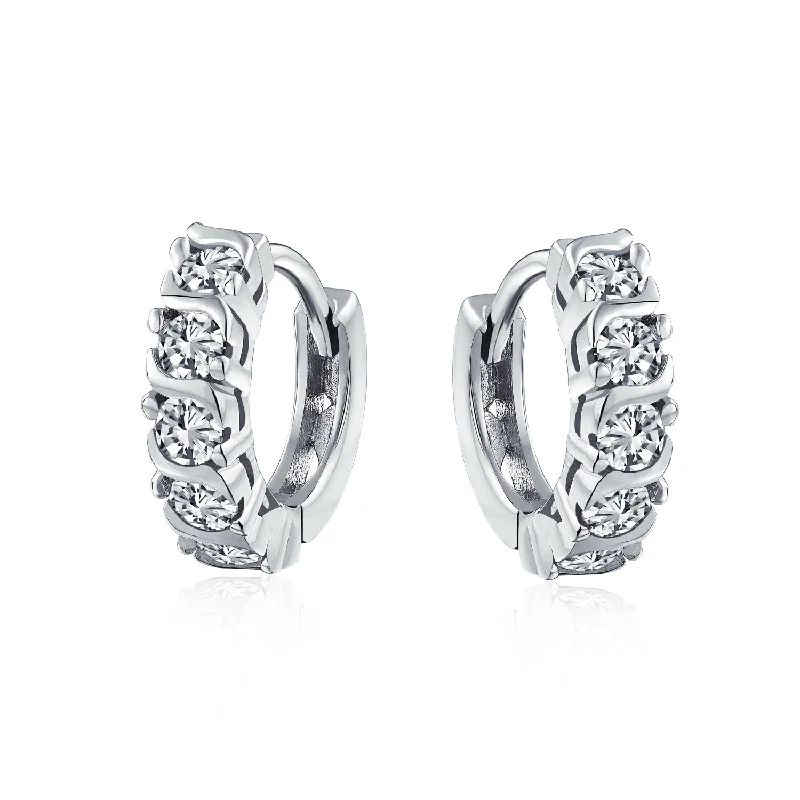 Round Solitaire CZ S-Style Wave Kpop Huggie Hoop Earrings Sterling Silver Options