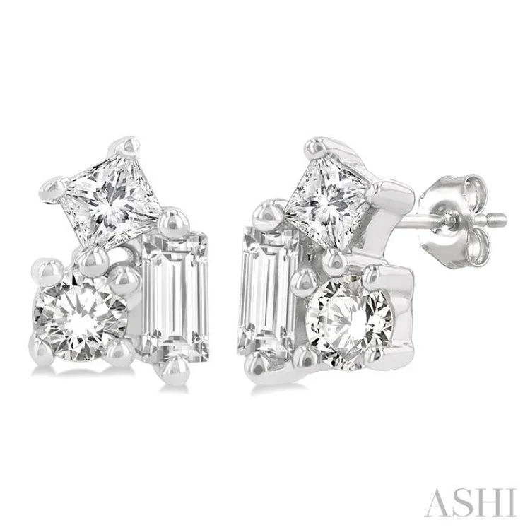 1/6 ctw Petite Tri-Stone Scatter Princess, Baguette & Round Cut Diamond Fashion Stud Earring in 10K White Gold