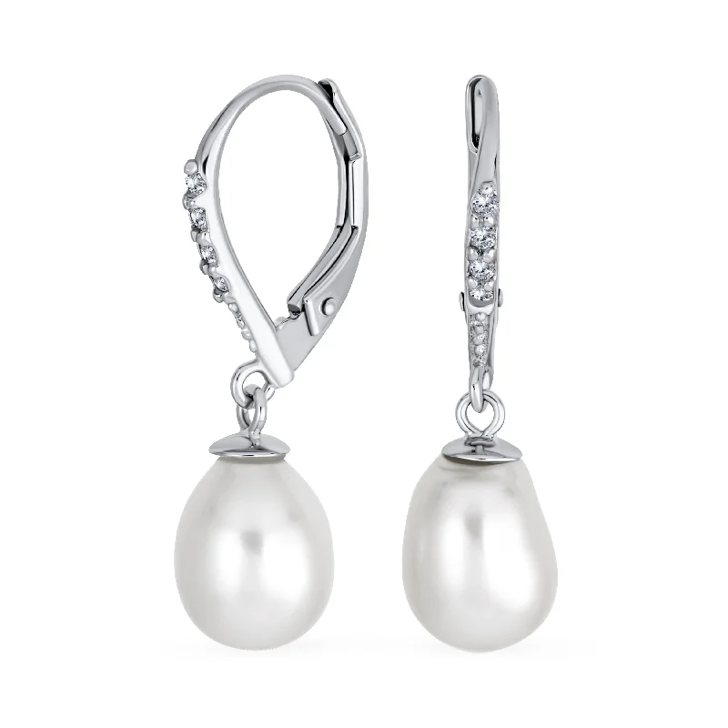 Simple Bridal CZ Pearl Teardrop Dangle Earrings Sterling Silver Leverback