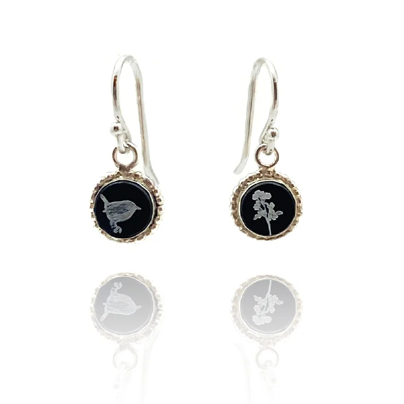 Small Bird & Flower Earrings - Black