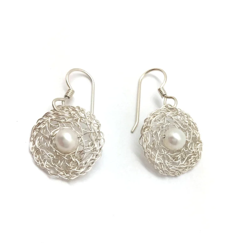 Small Silver Woven Circle Drops with Pearls