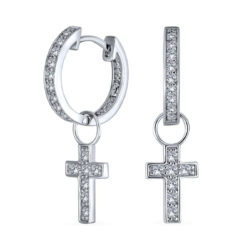 Tiny Cross Communion Kpop Huggie Dangle Chandelier Earrings CZ Hoop Set