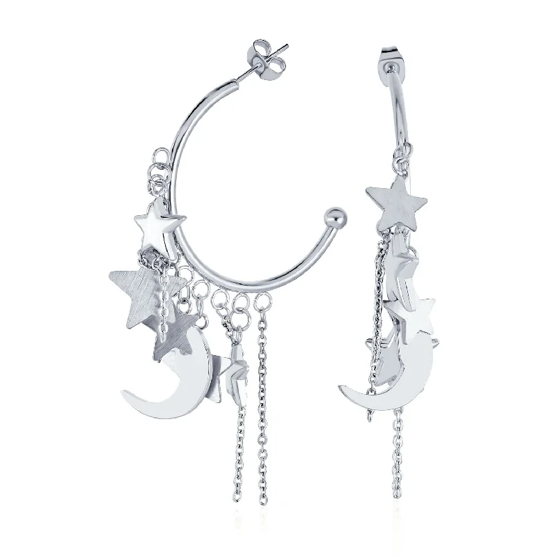 Trendy Moon Stars Dangling Charm Crescent Large Hoop Stud Earrings