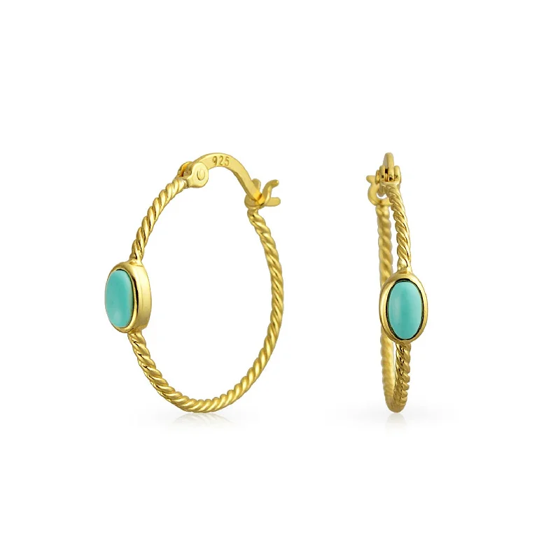 Twisted Cable Hoop Huggie Earrings with Turquoise 14K Gold Plated Sterling Silver