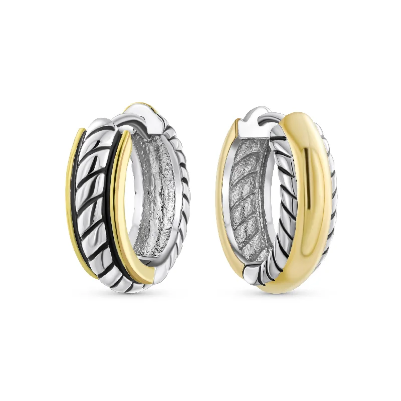 Two Tone Twist Cable Rope Hoop Huggie Earrings for Men Gold & Silver Plated