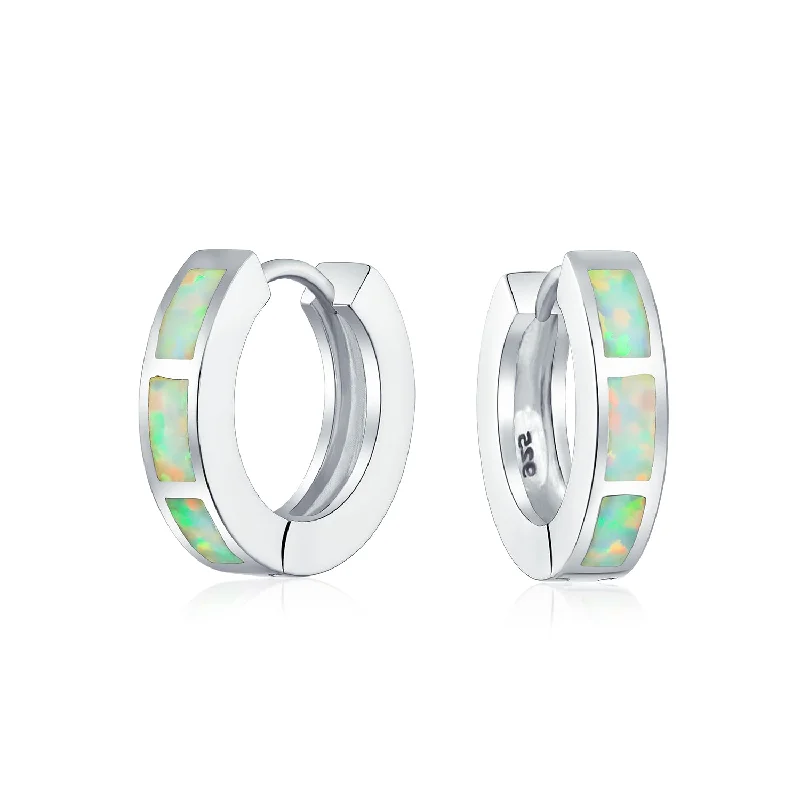 White & Blue Opal Inlay Hoop Huggie Earrings Rose Gold Sterling Silver Birthstone