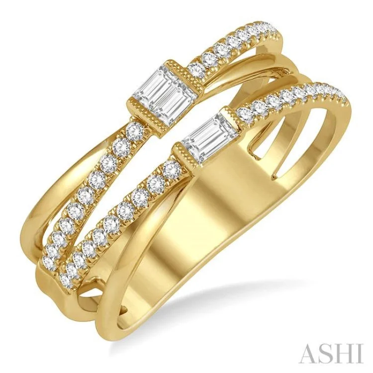 3/8 ctw Cris-Cross Baguette and Round Diamond Fashion Ring in 14K Yellow Gold