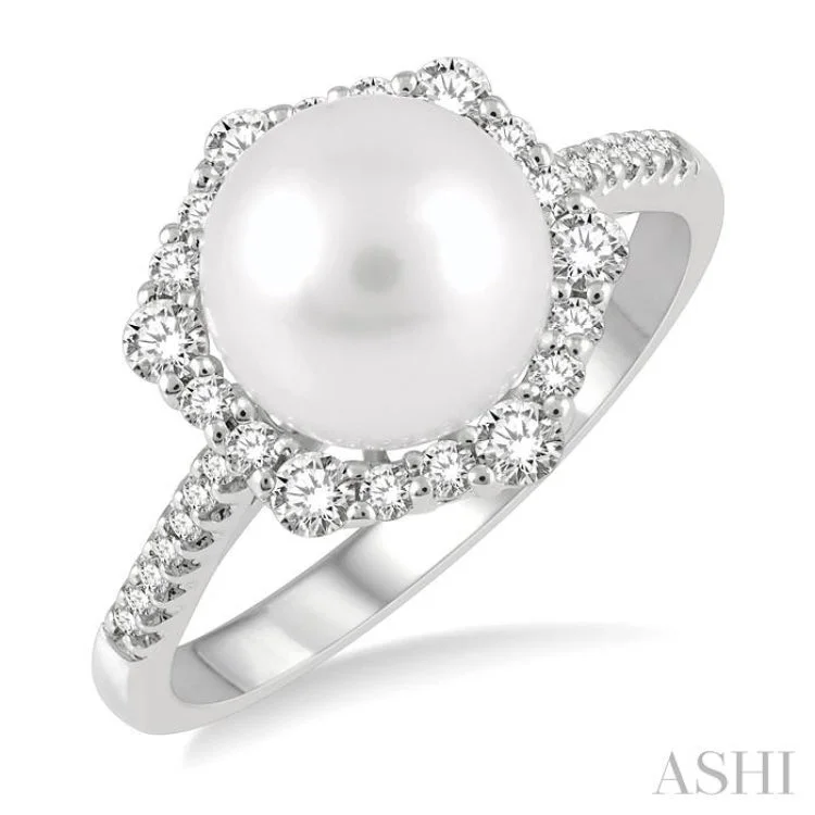 1/3 ctw Hexagon Shape 8X8MM Pearl and Round Cut Diamond Ring in 14K White Gold