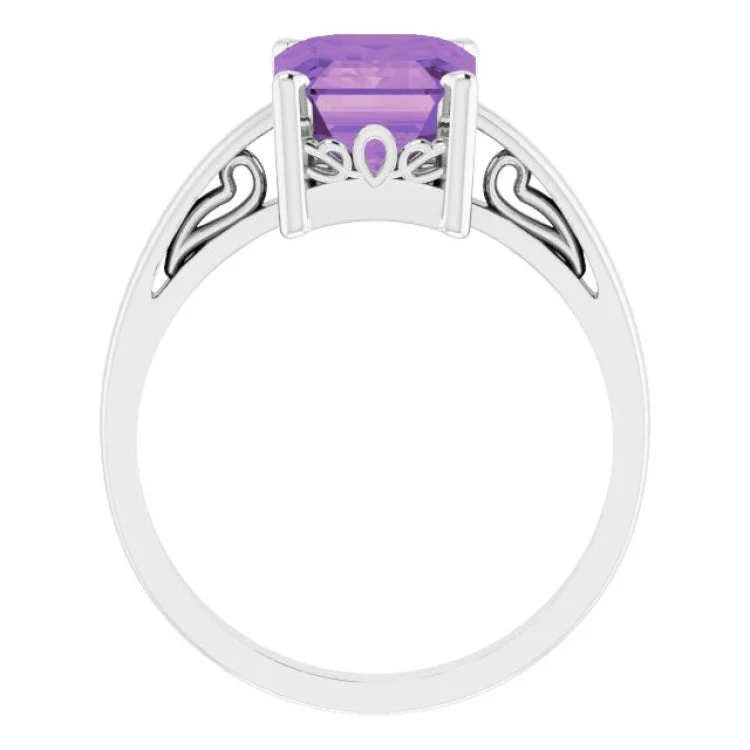 14K White Natural Amethyst Scroll Setting® Ring