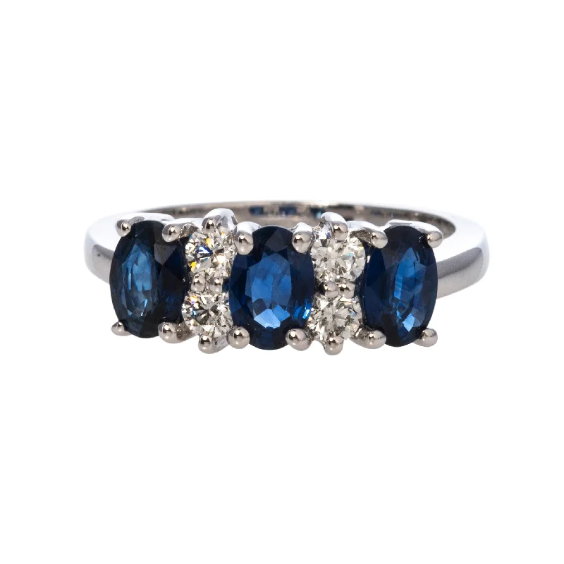 Three-Stone Oval Sapphire & Diamond 14K White Gold Ring