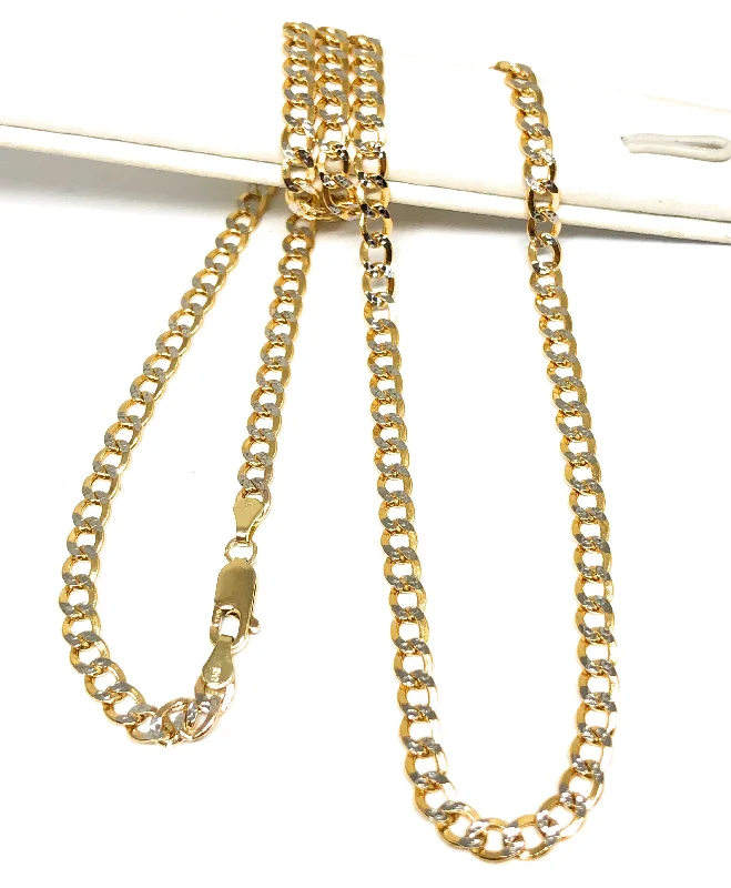 14k Solid Gold Yellow Cuban Link Diamond Cut (White Gold) Chain 16-26 inches 3.5 - 4.5mm Width (Semi-Hollow Style)