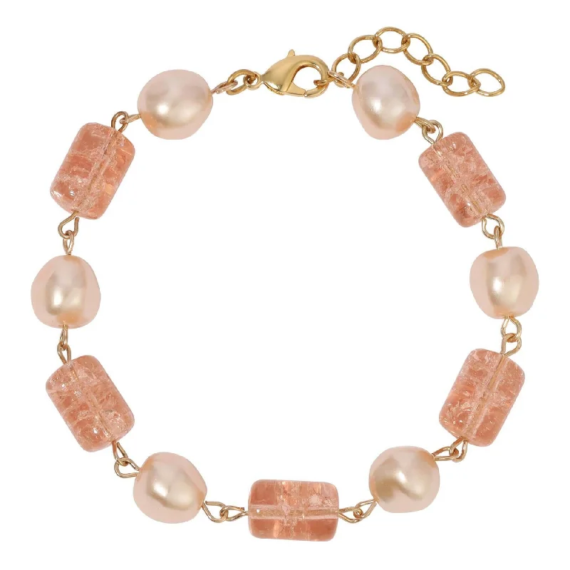 1928 Jewelry Beaded Peach Cracked Glass & Champagne Faux Pearl Link Bracelet