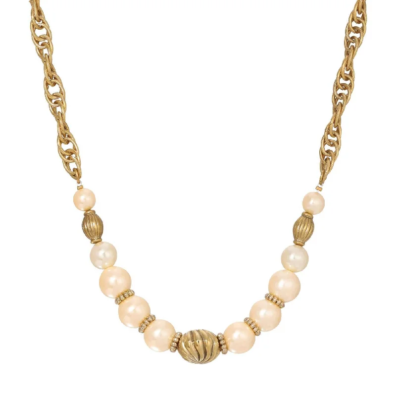 1928 Jewelry Faux Pearl Corrugated & Swirl Bead Link Chain Necklace 16" + 3" Extension