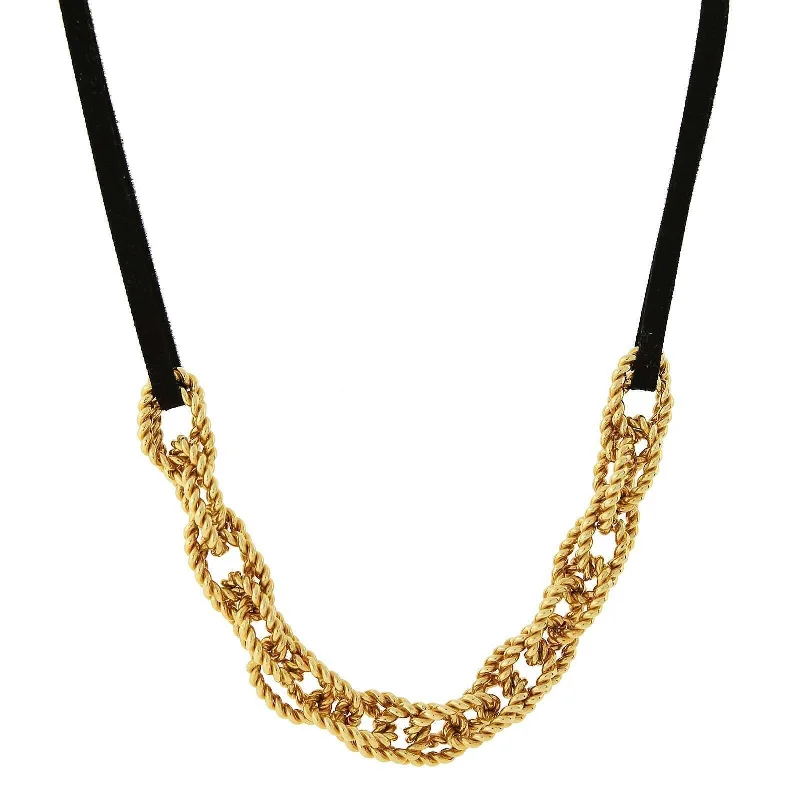 1928 Jewelry Gold Double Parallel Curb Chain Black Suede Necklace 16" + 3" Extender