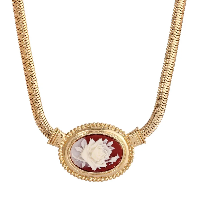 1928 Jewelry Oval Ivory Flower Carnelian Red Cameo Snake Chain Pendant Necklace 16" + 3" Extender