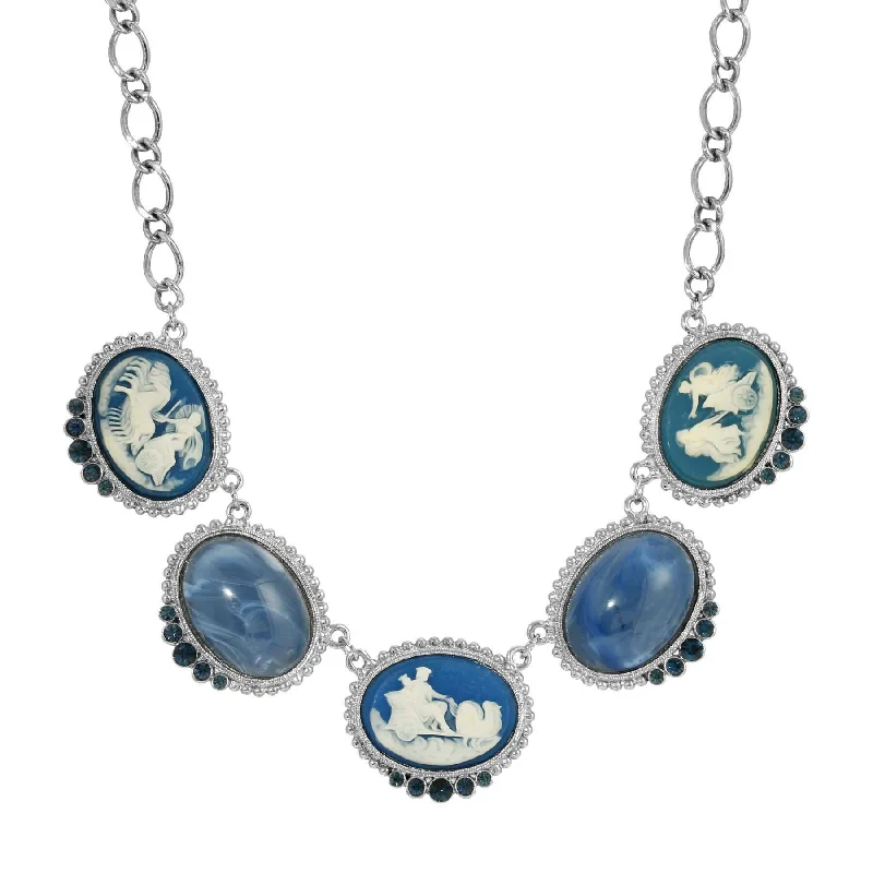 1928 Jewelry Roman Chariot Races Cameo Blue Stone Chain Necklace 16" + 3" Extender