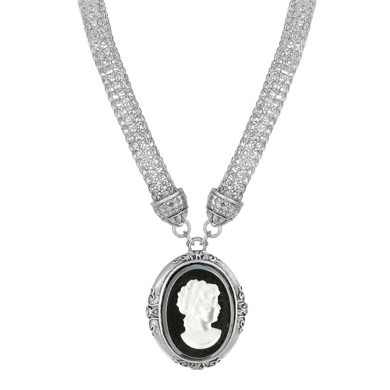 1928 Jewelry Signature Black Glass White Frost Cameo Pendant Mesh Tube Chain Necklace 18"