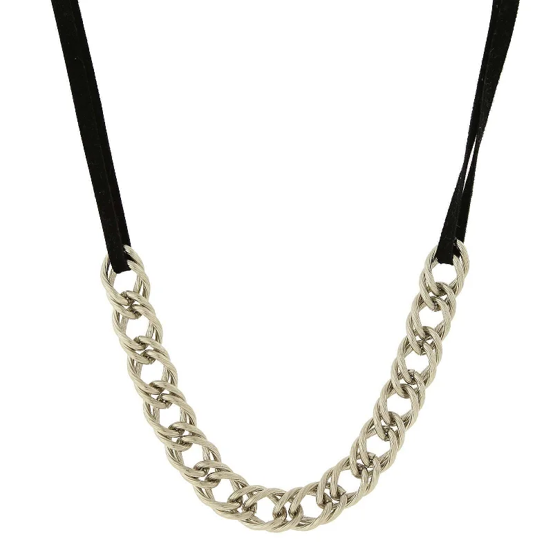 1928 Jewelry Silver Double Curb Chain Black Suede Necklace 16" + 3" Extender