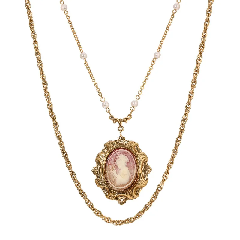 1928 Jewelry Victorian Reflections Carnelian & Ivory Cameo Pendant & Link Chain Necklace 24"