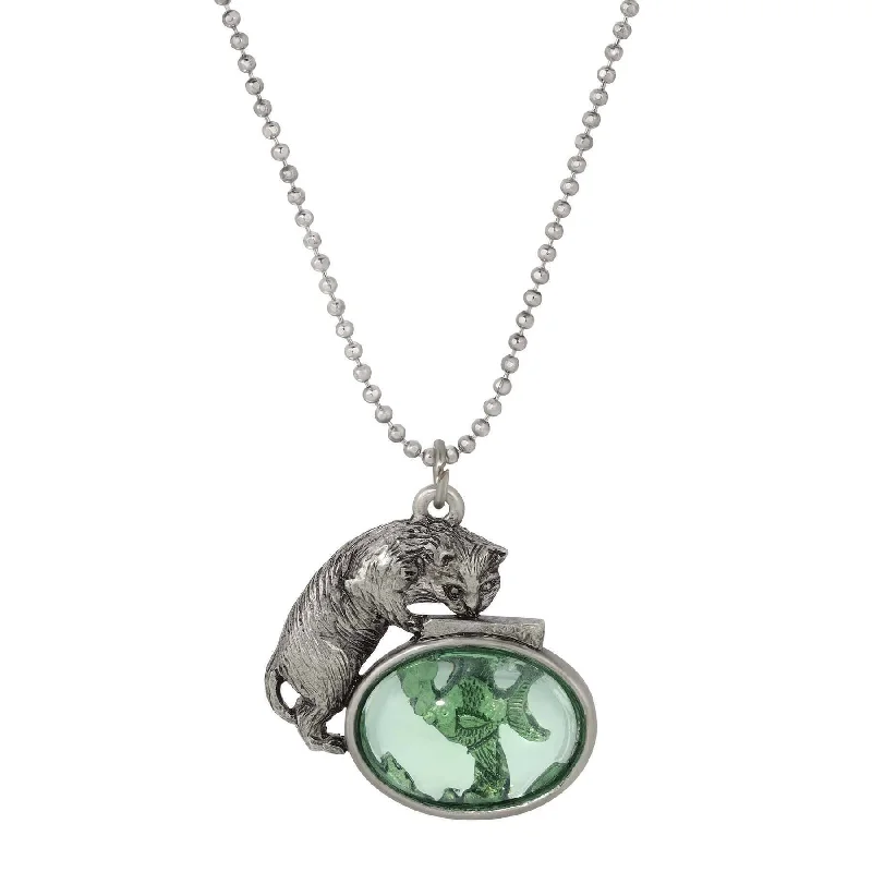 1928 Jewelry Whimsical Cat & Green Fish Pendant Ball Chain Necklace 18"