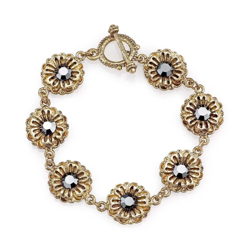 2028 Jewelry Hematite Color Crystal Flower Toggle Bracelet