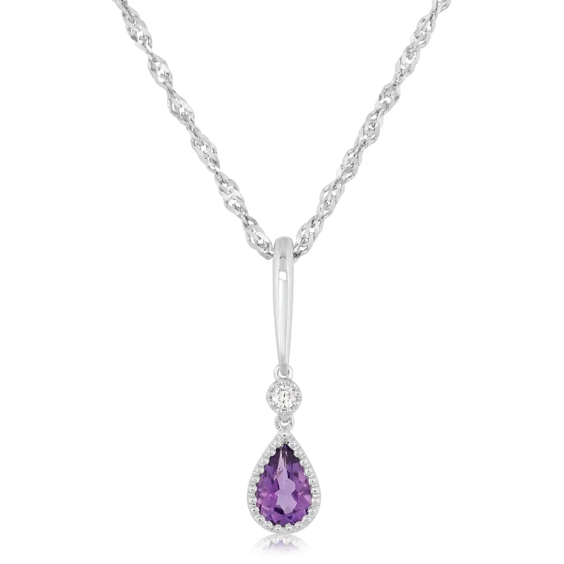 Amethyst & Diamond Drop Pendant Necklace