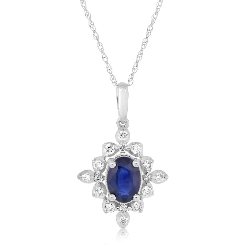 Blue Sapphire & Modified Halo Diamond Necklace