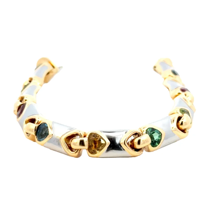 Bulgari Italy 1980s 18KT White & Yellow Gold Tourmaline "Doppio Cuore" Bracelet