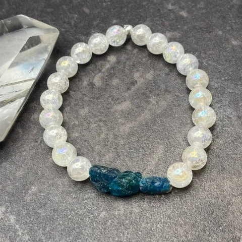 Clear Crackle Quartz & Raw Blue Apatite Crystal Stretch Bracelet