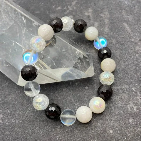 Clear Quartz Crackle + Aura Rainbow Moonstone + Garnet Crystal Stretch Bracelet