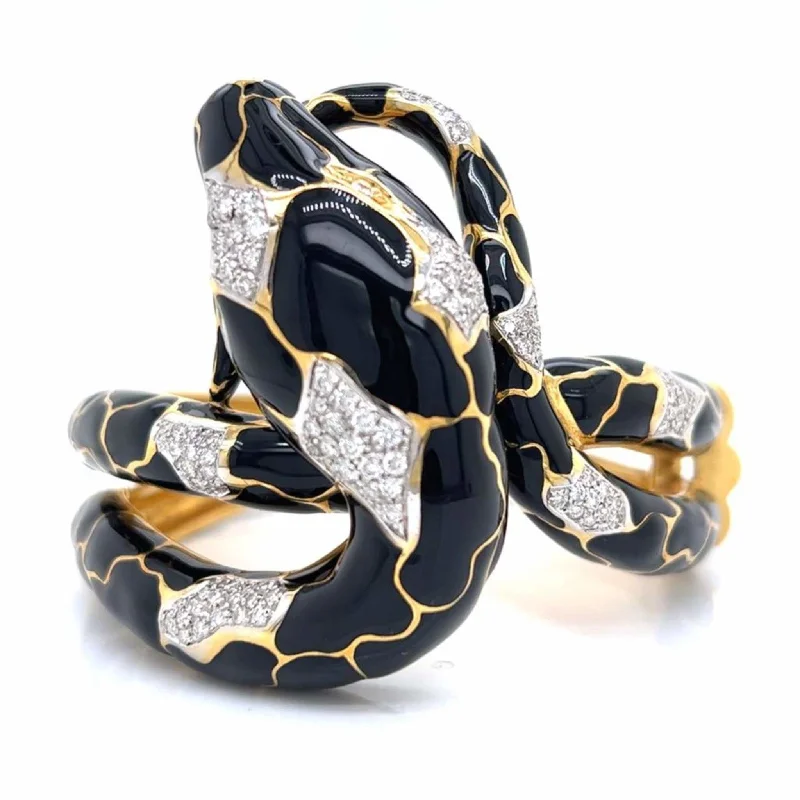 David Webb 1980s 18KT Yellow Gold Diamond & Enamel Snake Bracelet