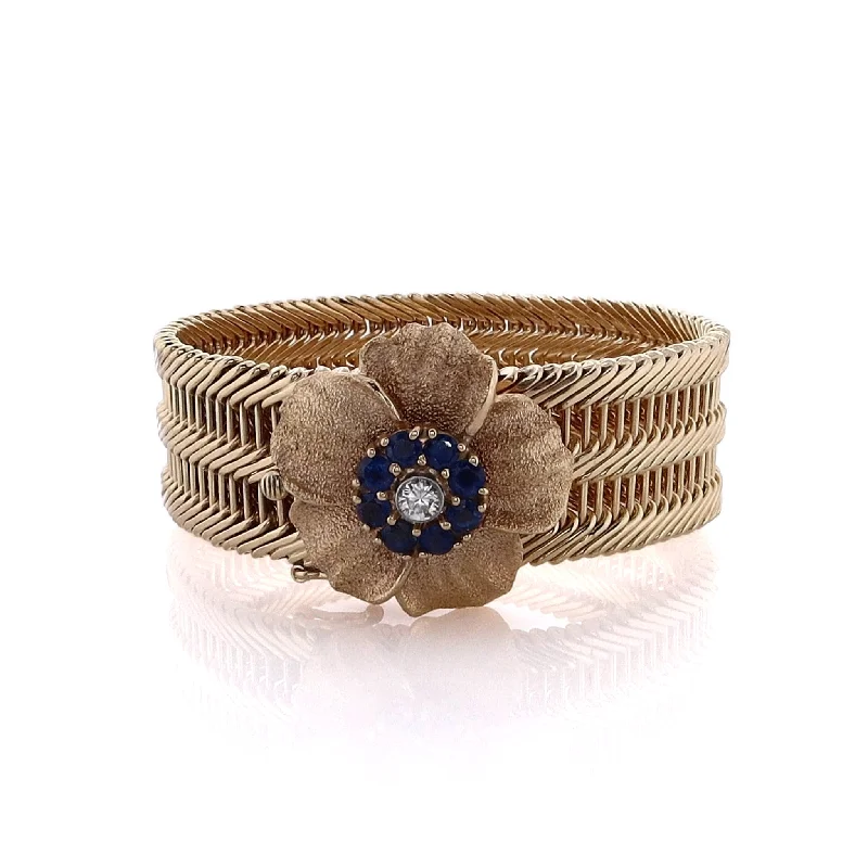 Estate 14 Karat Yellow Gold Wide Flex Sapphire and Diamond Flower Bracelet