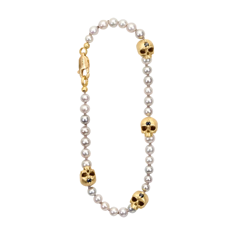 Grey Pearl Hopes & Dreams Skull Bracelet with Grey Silk - 11780