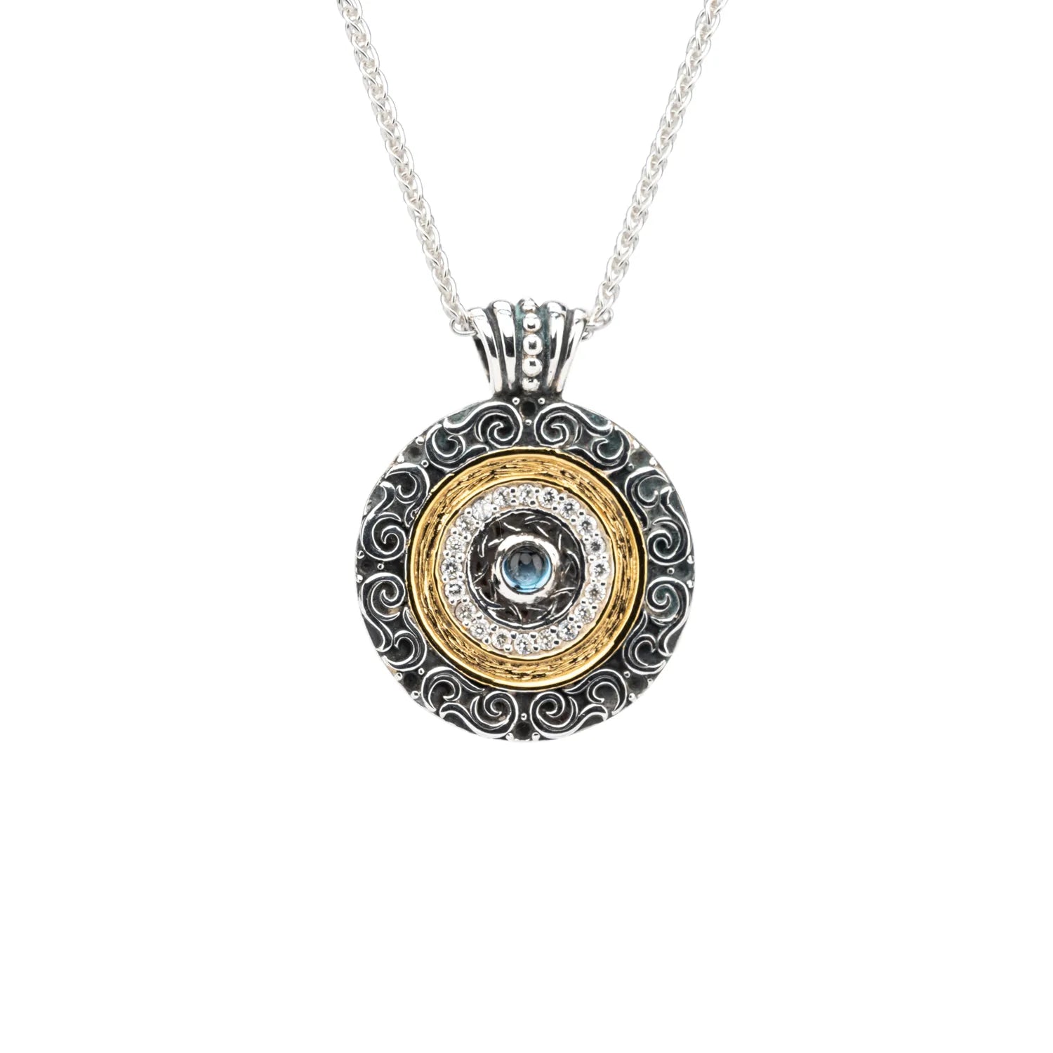 Keith Jack Sterling Silver + 14k Gilded London Blue Topaz & CZ Shield Filigree Pendant