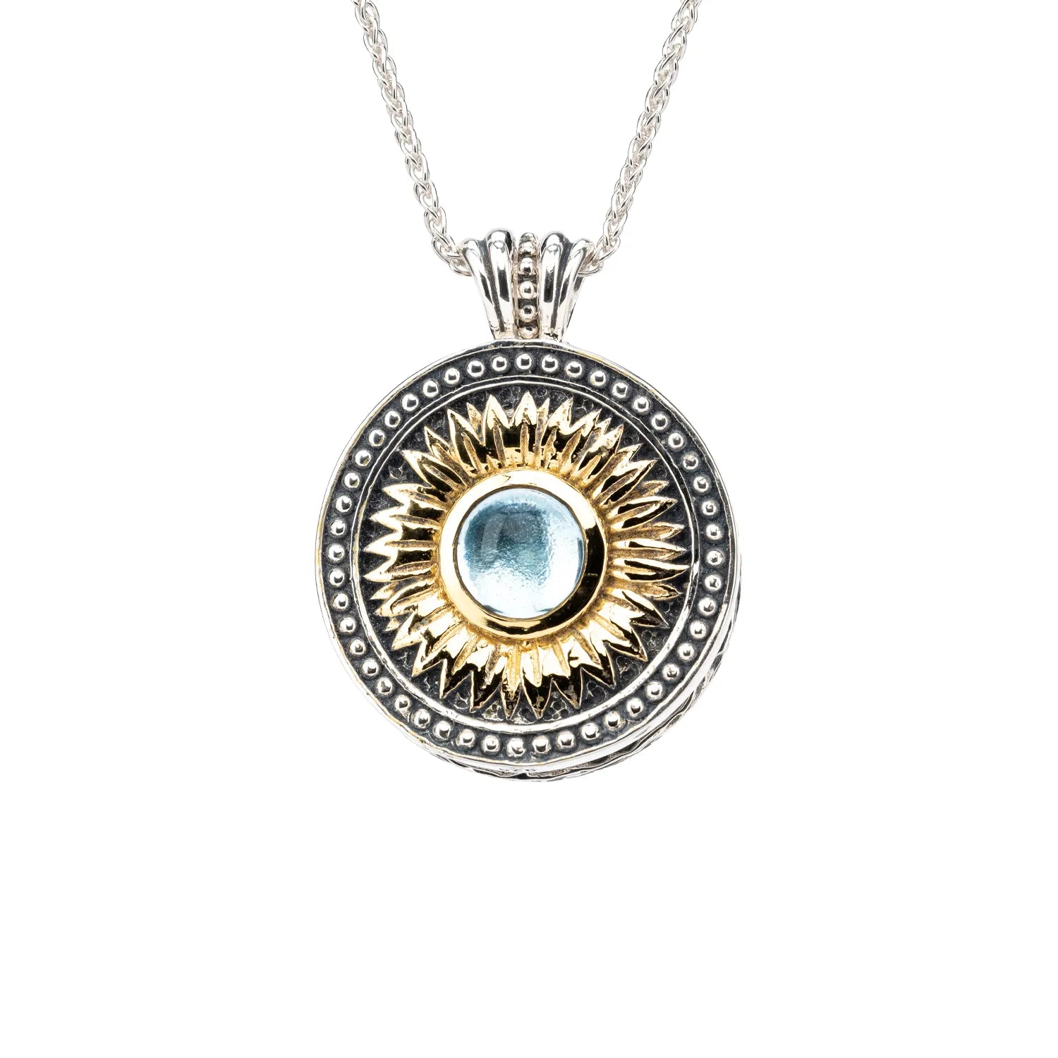 Keith Jack Sterling Silver + 14k Gilded Sunflower Sky Blue Topaz & CZ Eclipse Pendant